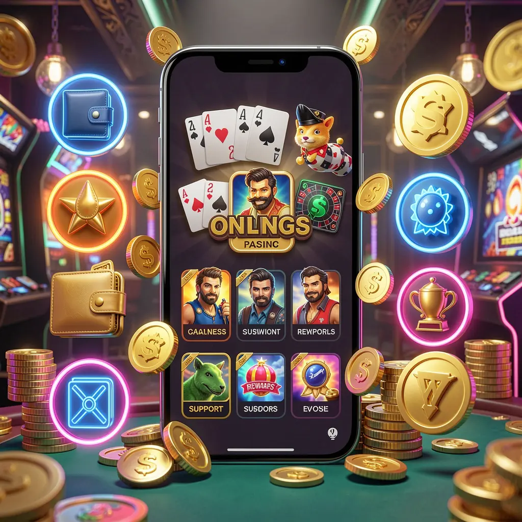 GL666 online casino app features visual with a smartphone surrounded by icons for wallet, games, support, and rewards, golden coins and neon lights in a luxury 3D render