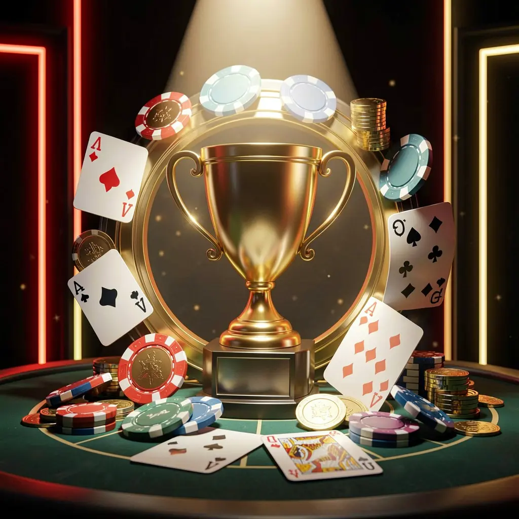 GL666 casino tournament bonus concept featuring a golden trophy surrounded by poker chips, playing cards, and coins under a bright spotlight with a dark background accented by red and gold neon lights in a luxurious casino setting