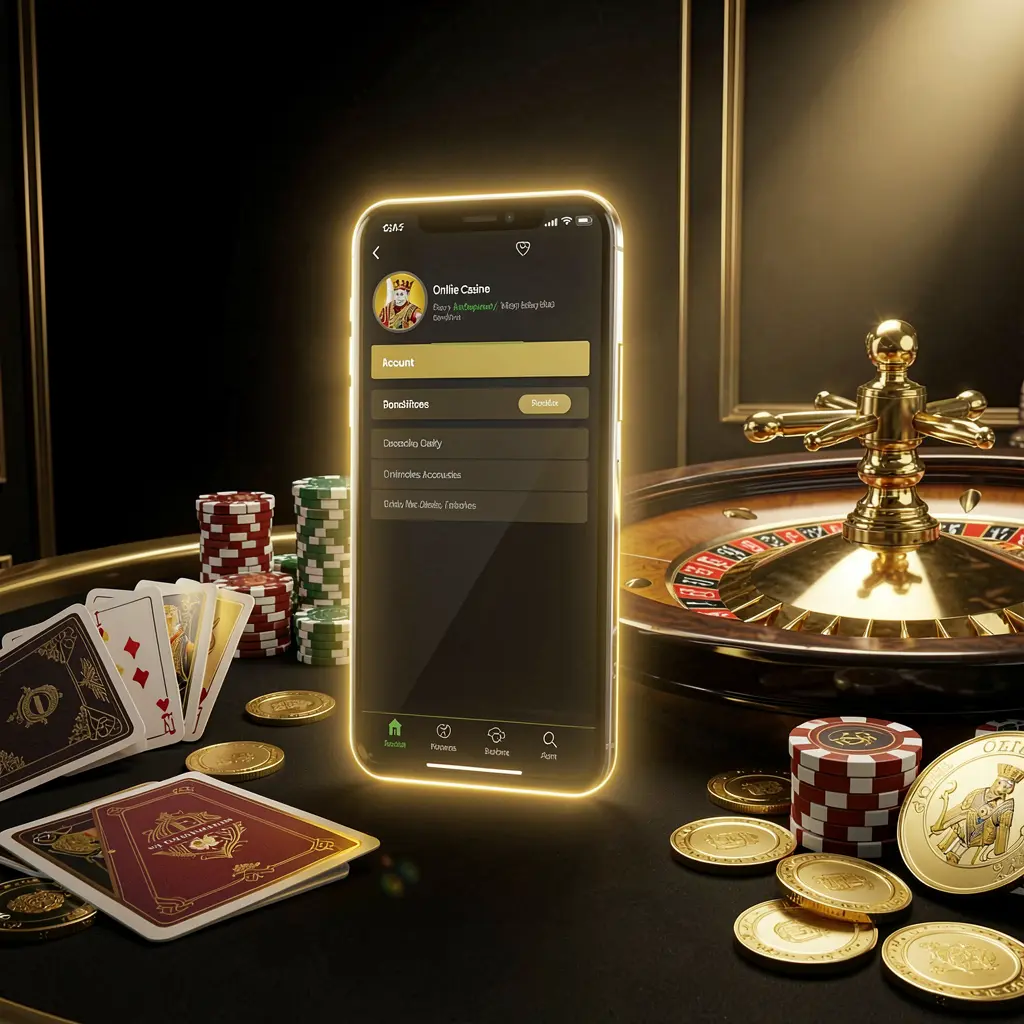 GL666 online casino account portal with glowing smartphone displaying premium cards, chips, roulette wheel, and coins against a black and gold background with cinematic lighting in a realistic 3D render