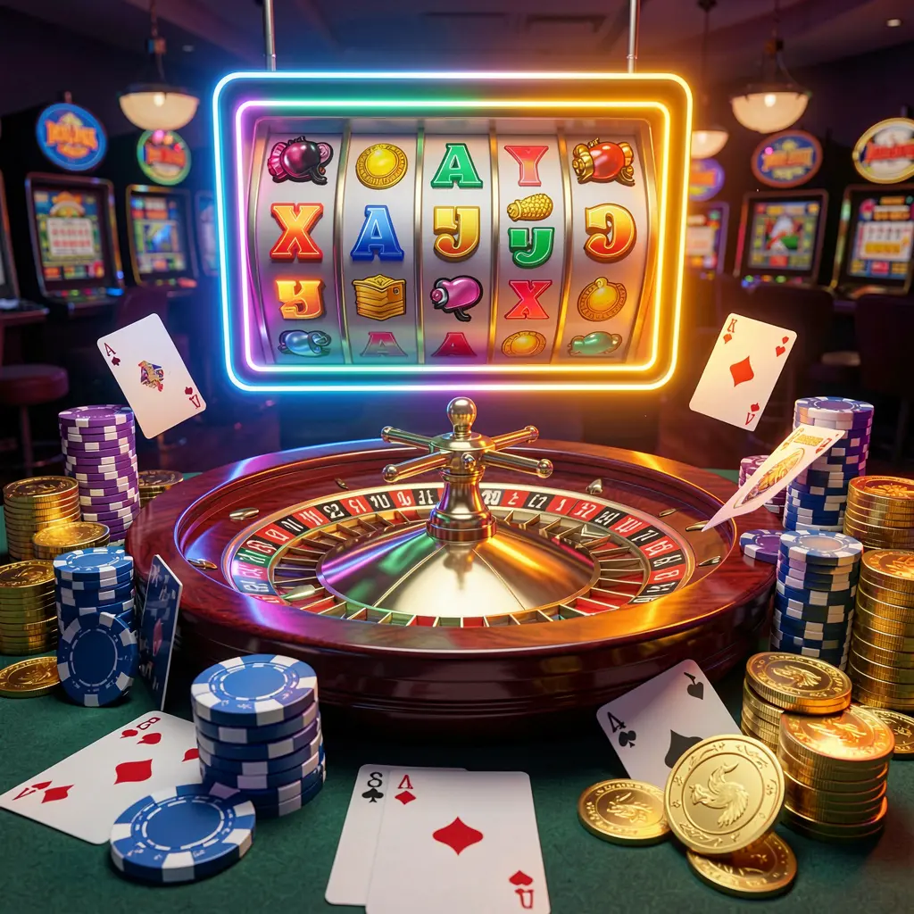 GL666 casino homepage visual featuring a realistic 3D render of a roulette wheel, poker chips, playing cards, golden coins, and jackpot lights with bright neon glow in a dynamic composition